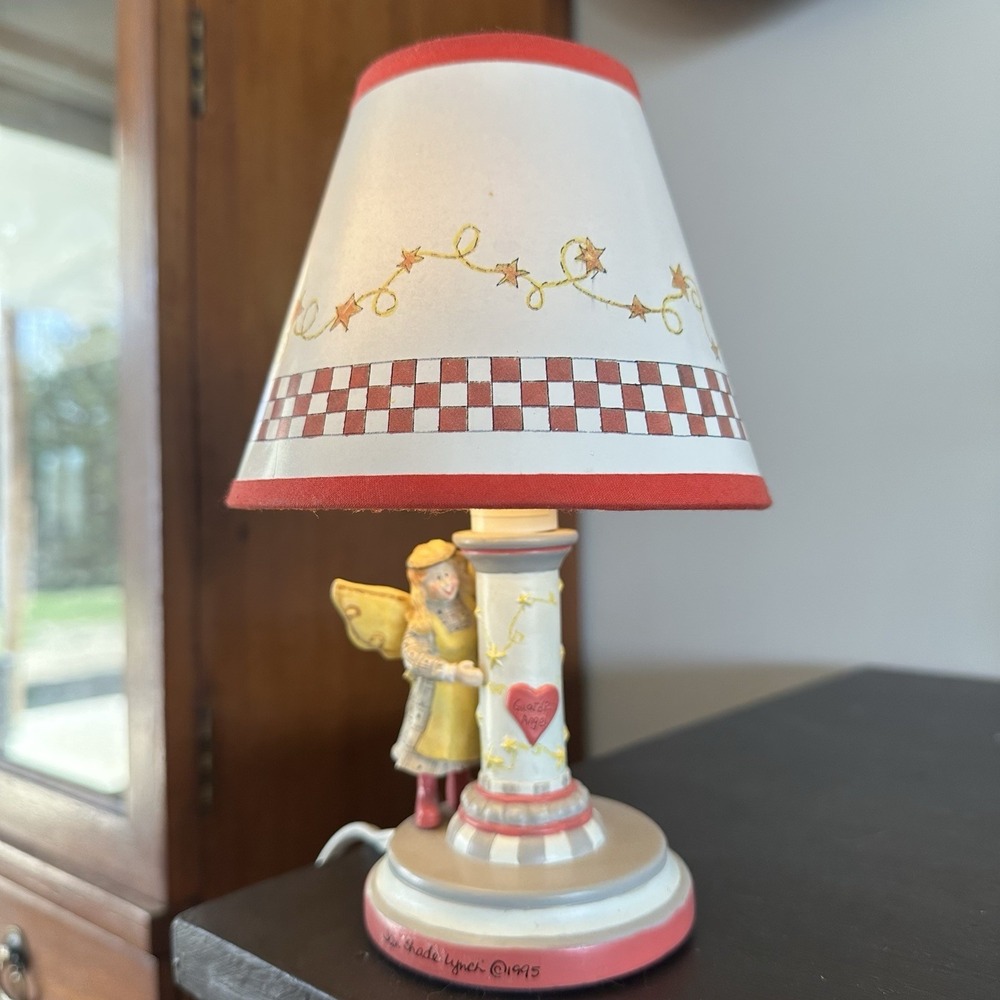 VTG‎ Mini Guardian Angel Lamp Jan Shade Lynch 7" Nursery Bedroom Checkered Red
